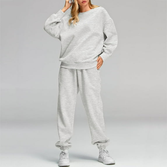 Fnooota Womens Outfit Sets, Long Sleeve Casual 2 Piece Sweatshirts and Sweatpants Sets Gray Size M