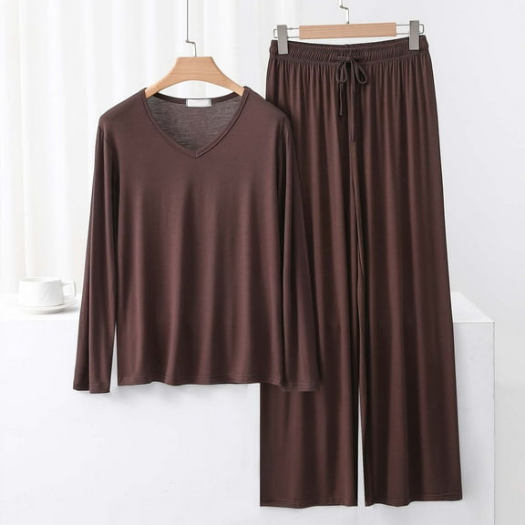 Fnooota Womens Pajama Sets Long Sleeve, Casual 2 Piece V Neck Soft Sleepwear Sets Coffee Size 2XL
