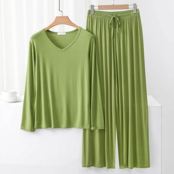 Fnooota Womens Pajama Sets Long Sleeve, V Neck Casual Soft 2 Piece Sleepwear Sets Green Size M