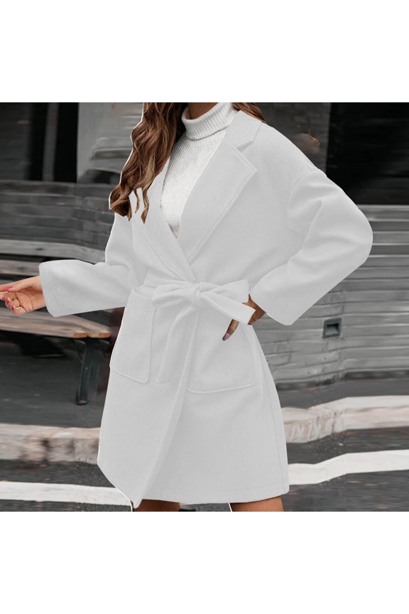 Womens Peacoats, Belt Mid Length Wool Lapel Collar Trench Coat White Size S