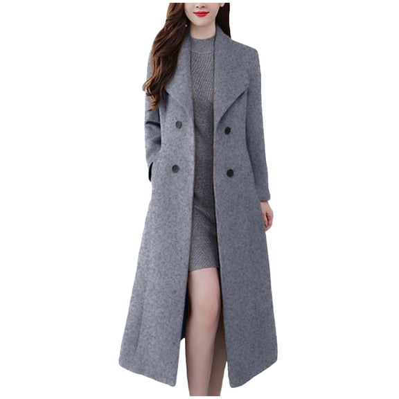 Fnooota Womens Peacoats, Double Breasted Long Lapel Collar Wool Trench Coat Gray Size 3XL