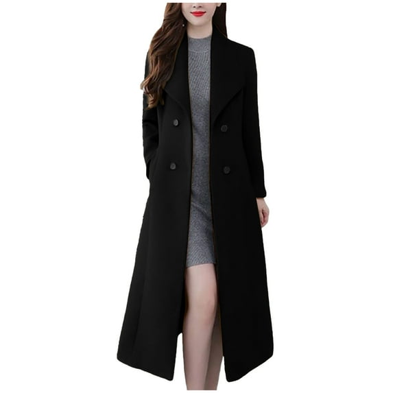 Fnooota Womens Peacoats, Double Breasted Wool Long Lapel Collar Trench Coat Black Size 2XL