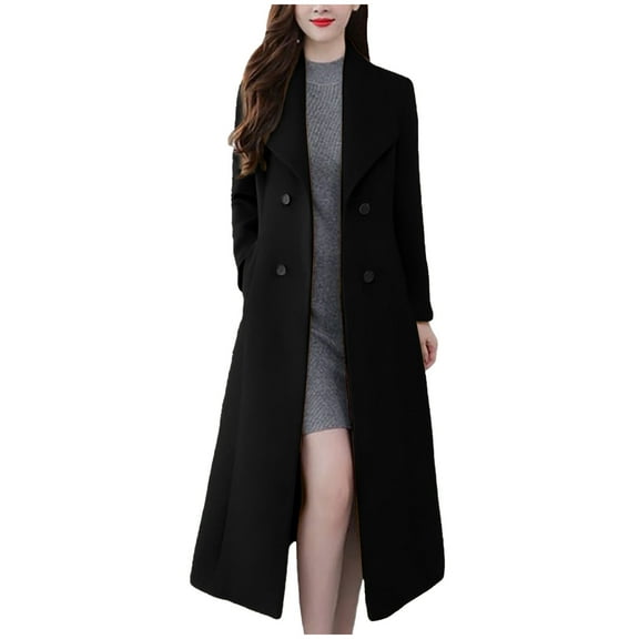 Fnooota Womens Peacoats, Wool Lapel Collar Double Breasted Long Trench Coat Black Size S