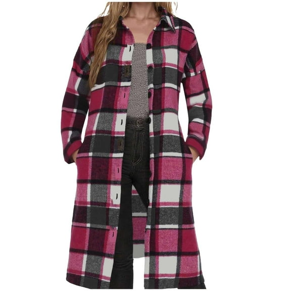 Fnooota Womens Plaid Peacoats, Lapel Collar Below the Knee Single Breasted Lightweight Trench Coats Hot Pink Size 2XL