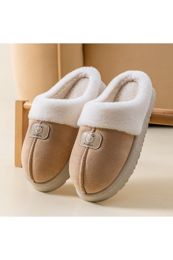 Womens Platform Slippers, Casual Warm Fleece-Lined Slip on Winter House Shoes Beige Size 7.5--8.5