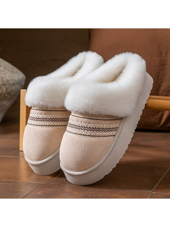 Womens Platform Slippers, Non Slip Fleece-Lined Warm Slip on Winter House Shoes Beige Size 6.5-7