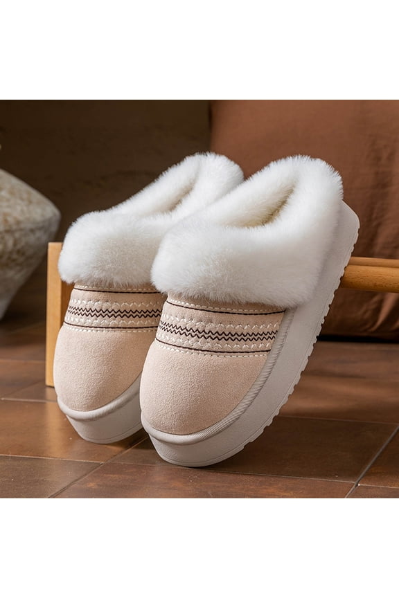 Womens Platform Slippers, Slip on Warm Non Slip Fleece-Lined Winter House Shoes Beige Size 5.5-6