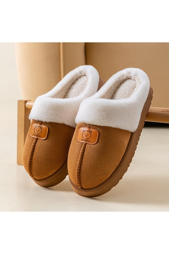Womens Platform Slippers, Warm Fleece-Lined Casual Slip on Winter House Shoes Khaki Size 7.5--8.5