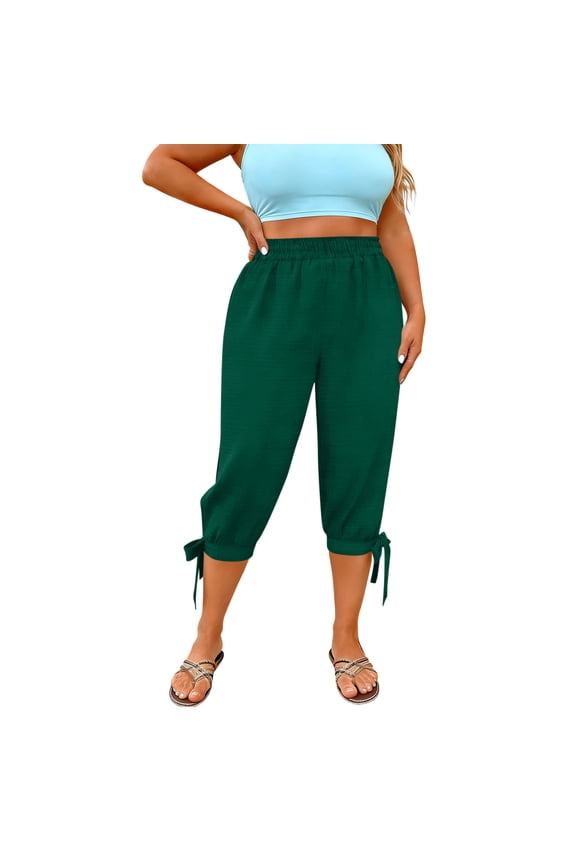 Womens Plus Size Capri Pants, Below the Knee Side Split Elastic Waist Casual Summer Capris with Pockets Green Size XL