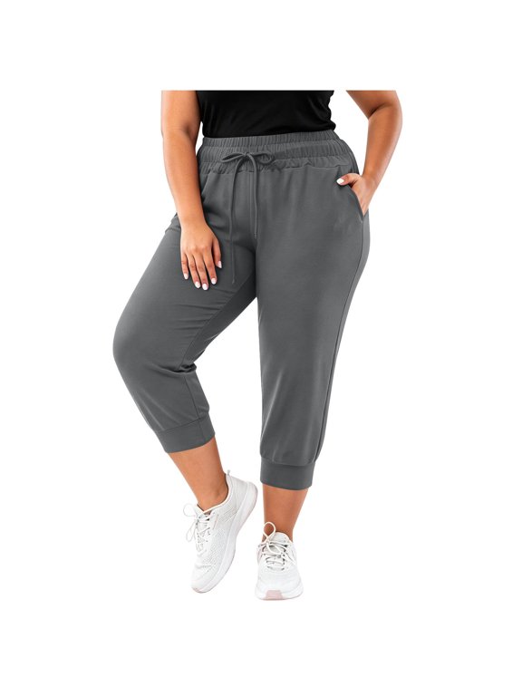 Womens Plus Size Capri Pants, Elastic Waist Casual Summer Drawstring Athletic Capris with Pockets Dark Gray Size 3XL
