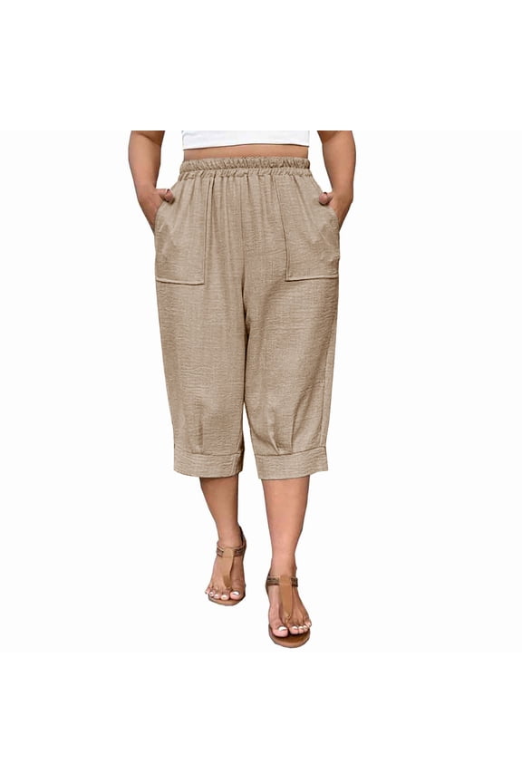 Womens Plus Size Capri Pants, Relaxed Fit Casual Below the Knee Elastic Waist Summer Capris with Pockets Beige Size XL