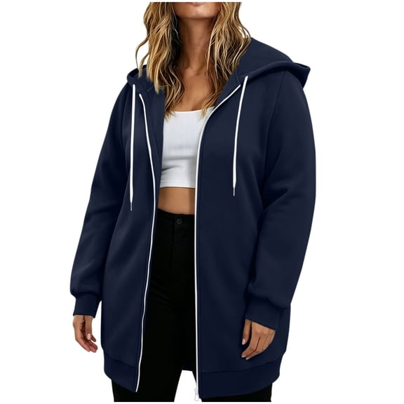 Fnooota Womens Plus Size Hoodies, Zip up Long Sleeve Mid-length Drawstring Jackets with Pockets Navy Size XL-5XL