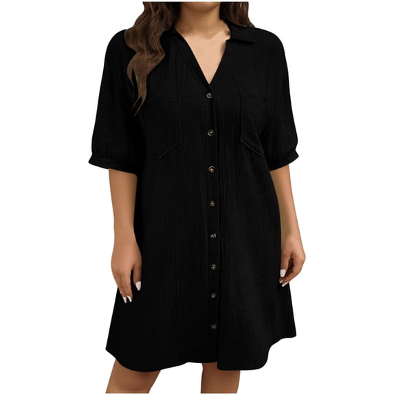 Fnooota Womens Plus Size Shirt Dresses, Short Sleeve Casual Lapel Collar Midi Dresses Summer Dresses with Pockets Black Size 3XL