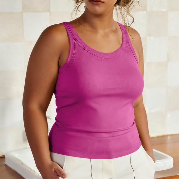 Fnooota Womens Plus Size Tank Tops with Built in Bra, Slim Fit Ribbed Scoop Neck Summer Padded Camisole Hot Pink Size XL