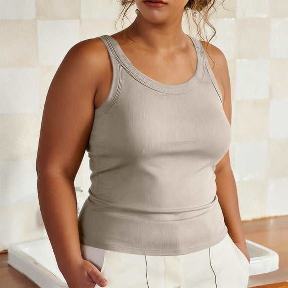 Fnooota Womens Plus Size Tank Tops with Built in Bra, Slim Fit Summer Ribbed Scoop Neck Padded Camisole Beige Size L-5XL