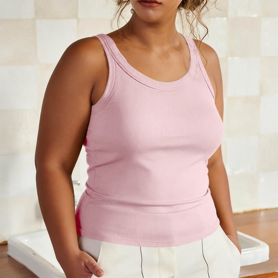 Fnooota Womens Plus Size Tank Tops with Built in Bra, Summer Ribbed Scoop Neck Slim Fit Padded Camisole Pink Size L