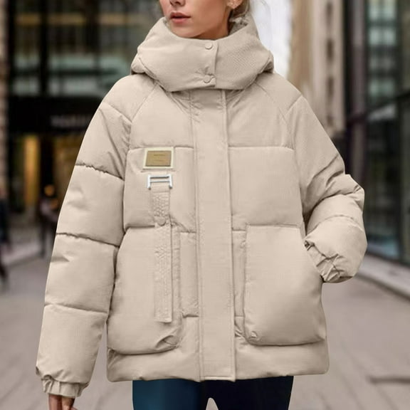 Fnooota Womens Puffer Jacket, Hooded Windprrof Warm Full Zip Winter Coats Outerwear Khaki Size 2XL
