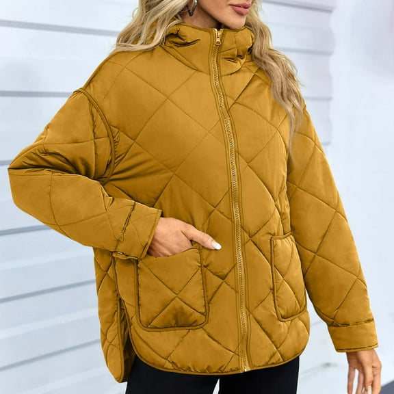 Fnooota Womens Puffer Jacket, Warm Mid Length Zip up Hooded Winter Coats Outerwear Yellow Size M