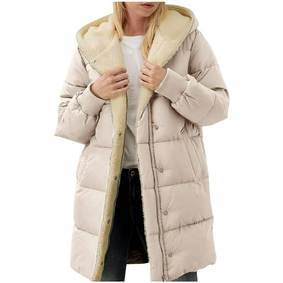 Fnooota Womens Puffer Jacket, Warm Zip up Hooded Mid Length Winter Coats Outerwear Beige Size 3XL