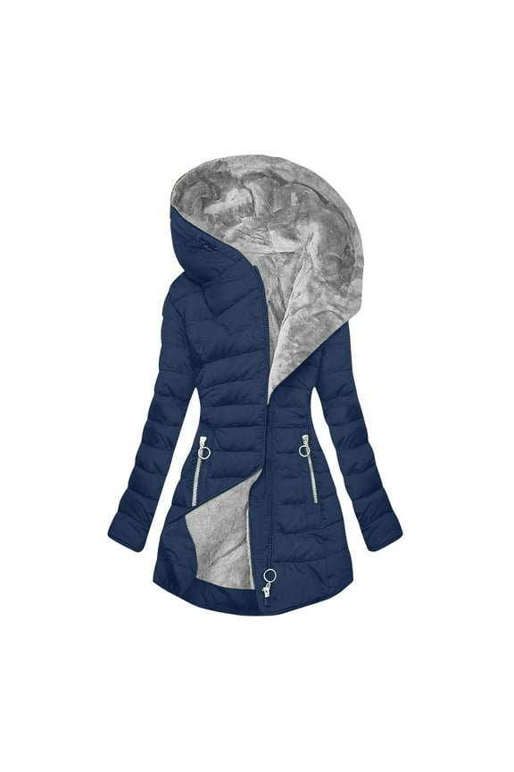 Womens Puffer Jackets, Full Zip Hooded Plus size Warm Winter Coats Outerwear Navy Size S-5XL