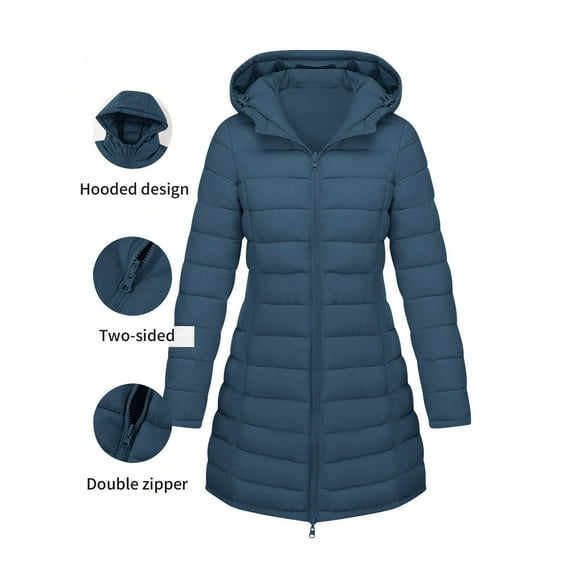Fnooota Womens Puffer Jackets, Mid-length Lightweight Warm Winter Quilted Jackets with Hood Navy Size S-2XL