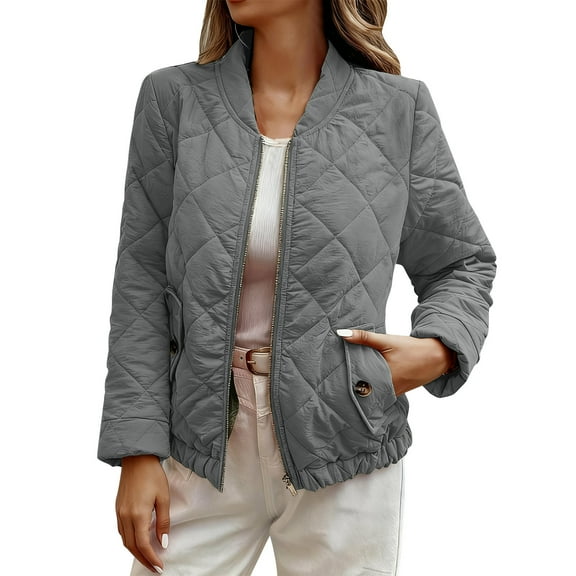 Fnooota Womens Puffer Jackets, Warm Quilted Long Sleeve Zip Front Winter Outerwear with Pockets Gray Size S