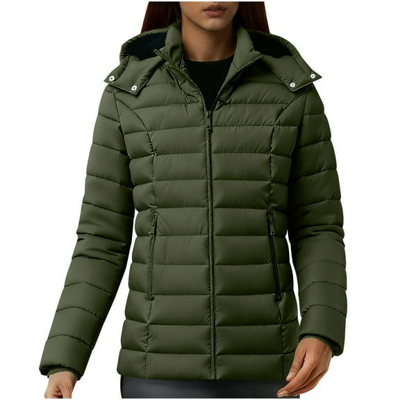 Fnooota Womens Puffer Jackets, Windproof Cotton Padded Warm Zip up Winter Coats for Women Green Size L