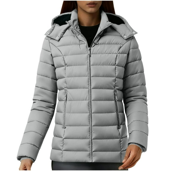 Fnooota Womens Puffer Jackets, Windproof Warm Cotton Padded Zip up Winter Coats for Women Gray Size L