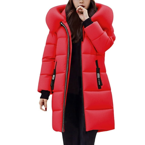 Fnooota Womens Puffer Jackets with Hood, Windproof Mid-length Zip up Warm Winter Coats Outerwear Red Size 2XL