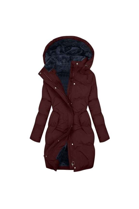 Womens Puffer Jackets with Hood, Zip Front Mid-length Waterproof Warm Winter Coats Outerwear Wine Size 2XL
