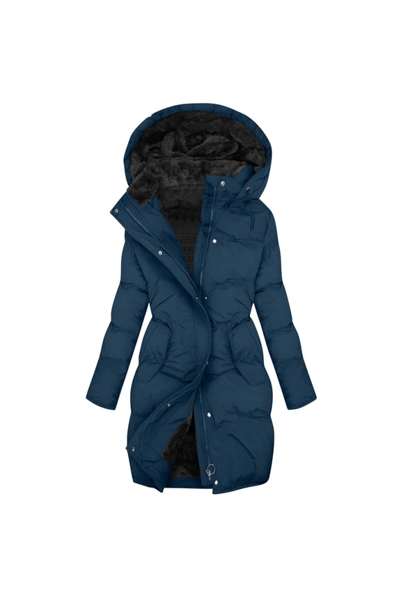 Womens Puffer Jackets with Hood, Zip Front Waterproof Mid-length Warm Winter Coats Outerwear Navy Size S-5XL