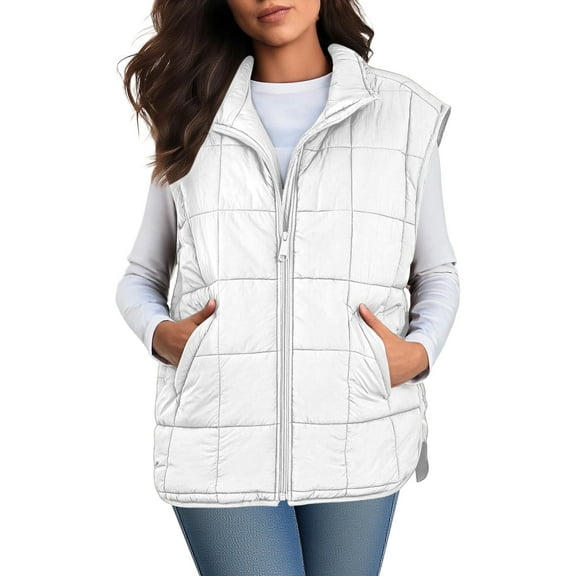 Fnooota Womens Puffer Vest, Lapel Collar Lightweight Sleeveless Zip up Winter Outerwear with Pockets White Size M