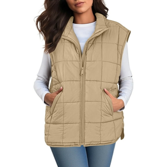 Fnooota Womens Puffer Vest, Lightweight Lapel Collar Zip up Sleeveless Winter Outerwear with Pockets Beige Size S-2XL