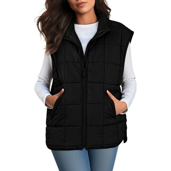 Fnooota Womens Puffer Vest, Lightweight Sleeveless Lapel Collar Zip up Winter Outerwear with Pockets Black Size S