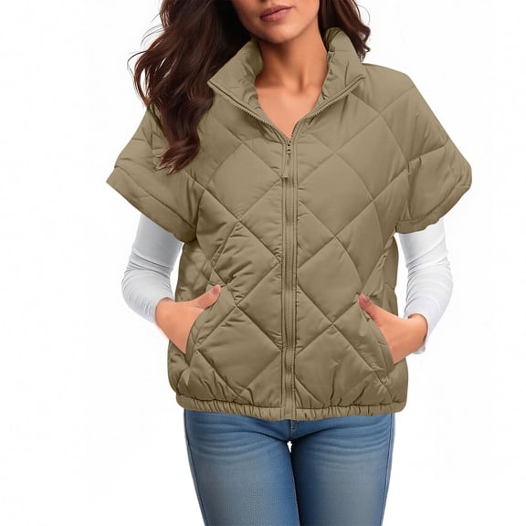 Fnooota Womens Puffer Vest, Sleeveless Zipper Lightweight Lapel Collar Winter Outerwear with Pockets Khaki Size L