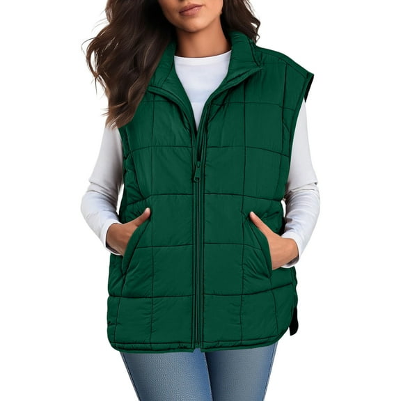 Fnooota Womens Puffer Vest, Zip up Lapel Collar Lightweight Sleeveless Winter Outerwear with Pockets Green Size M
