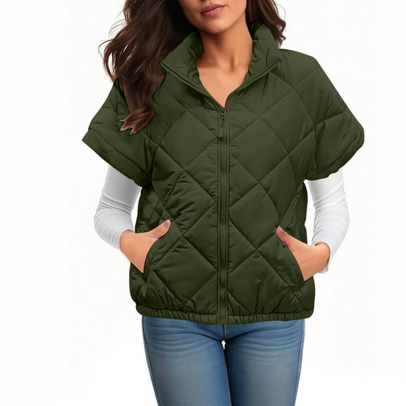 Fnooota Womens Puffer Vest, Zipper Sleeveless Lapel Collar Lightweight Winter Outerwear with Pockets Army Green Size XL