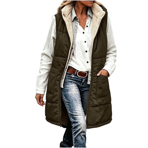 Fnooota Womens Puffer Vests, Full Zip Sleeveless Fleece-lined Mid-Length Winter Outerwear with Pockets Green Size S