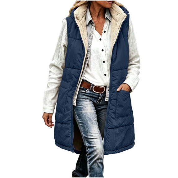 Fnooota Womens Puffer Vests, Sleeveless Mid-Length Fleece-lined Full Zip Winter Outerwear with Pockets Navy Size S