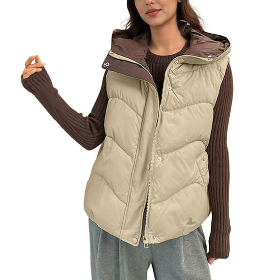 Fnooota Womens Puffer Vests with Pockets, Warm Hooded Sleeveless Zip up Winter Coats Outerwear Khaki Size 2XL