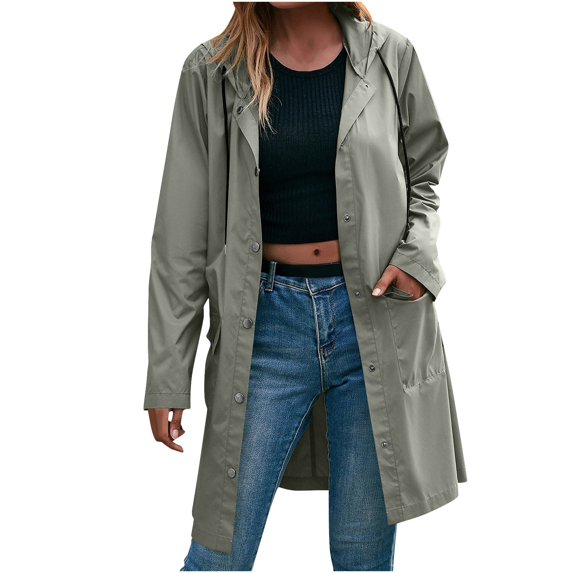 Fnooota Womens Rain Jackets, Long Sleeve Lightweight Mid-length Waterproof Women's Raincoats Gray Size XL