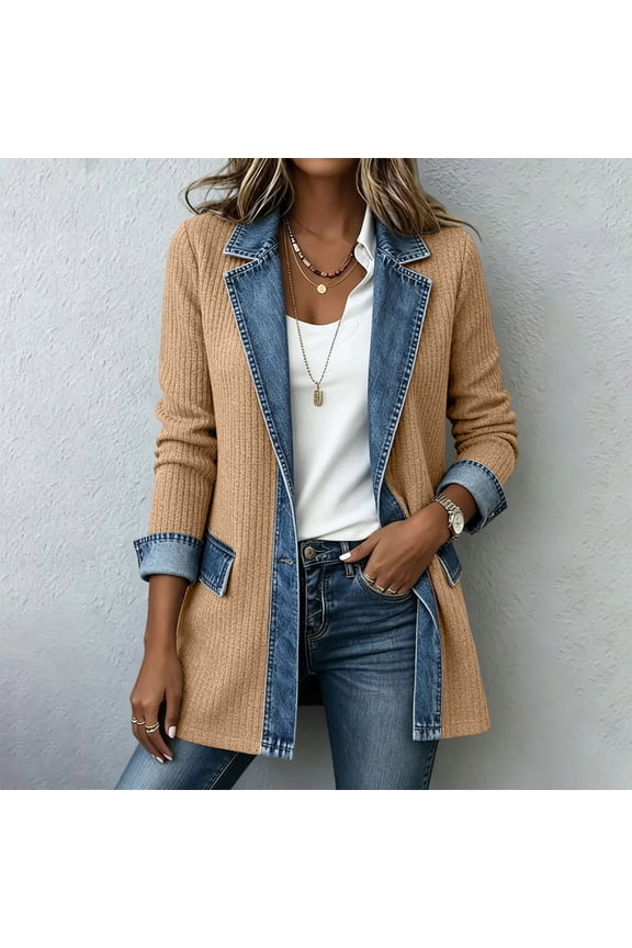 Womens Shacket Jackets, Denim Patchwork Lapel Collar Single-Breasted Fashion Outerwear for Women Khaki Size M