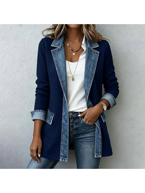 Womens Shacket Jackets, Denim Patchwork Single-Breasted Fashion Lapel Collar Outerwear for Women Dark Blue Size L