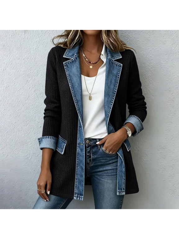 Womens Shacket Jackets, Lapel Collar Single-Breasted Denim Patchwork Fashion Outerwear for Women Black Size 2XL