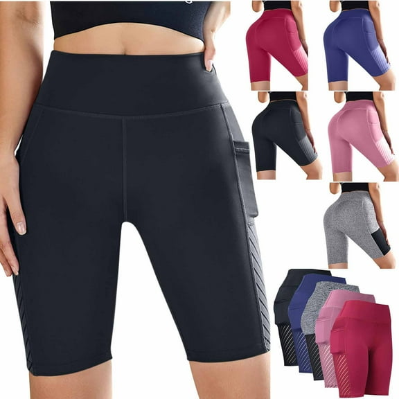 Fnooota Womens Shorts with Pockets, Summer Yoga Running High Waist Athletic Shorts Black Size S-XL