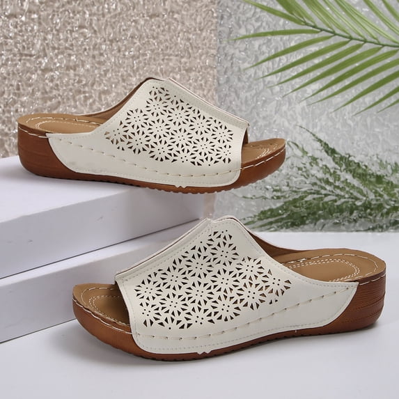 Fnooota Womens Slide Sandals , Summer Party Open Toe Slip On Wedge Slides White Size 5.5