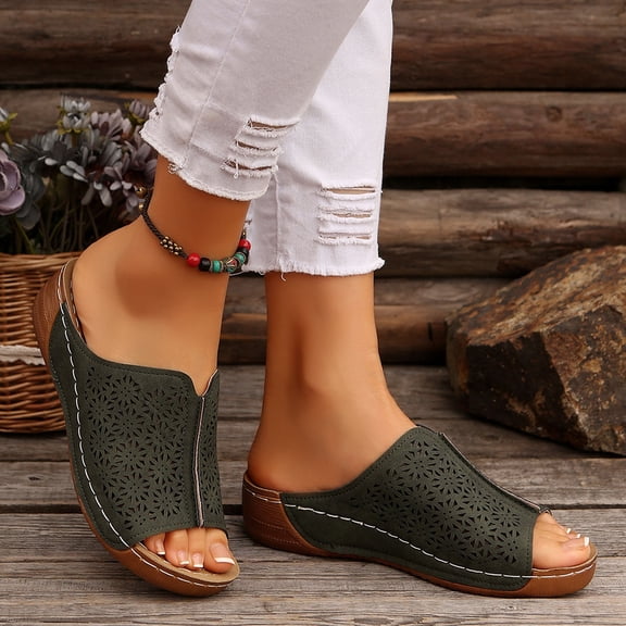 Fnooota Womens Slide Sandals , Summer Slip On Open Toe Party Wedge Slides Green Size 6