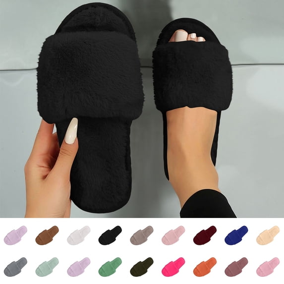 Fnooota Womens Slide Slippers, Indoor Non Slip Open Toe Soft Sole Fuzzy Slippers Bedroom Shoes Black Size 9-9.5