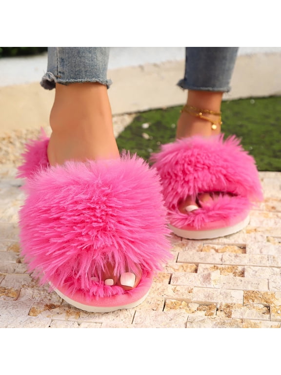 Womens Slide Slippers, Indoor Open Toe Comfort Non Slip Fuzzy Slippers Bedroom Shoes Hot Pink Size 9-9.5