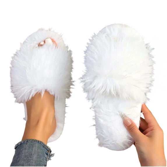 Fnooota Womens Slide Slippers, Non Slip Open Toe Indoor Comfort Fuzzy Slippers Bedroom Shoes White Size 7.5-7.5